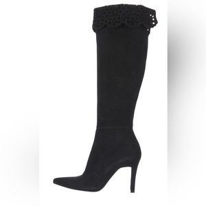 Stuart Weitzman Black Suede Eyelet Trim Stiletto Boots